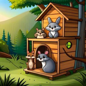 Teamwork-Trouble-An-Interesting-English-Short-Story-of-Animal-Friends-Building-a-Treehouse-Together-beaver,raccoon,rabbit,squirrel sitting inside tree house