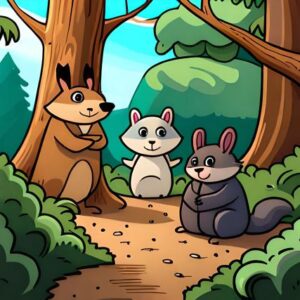 Teamwork-Trouble-An-Interesting-English-Short-Story-of-Animal-Friends-Building-a-Treehouse-Together-rabbit,squirrel,raccoon,beaver excited
