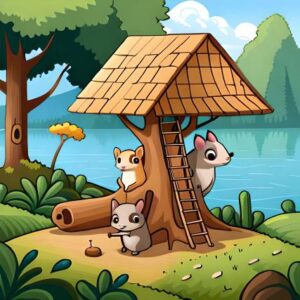 Teamwork-Trouble-An-Interesting-English-Short-Story-of-Animal-Friends-Building-a-Treehouse-Together-raccon,rabbit,squirrel,beaver built treehouse