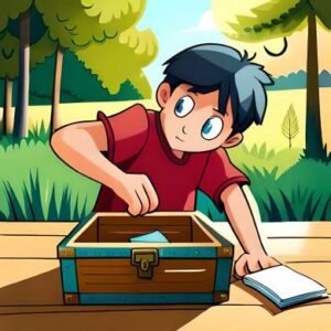 Tomy's Backyard Treasure Hunt with a Mysterious map : English Short Story For Kids-treasure chest and note